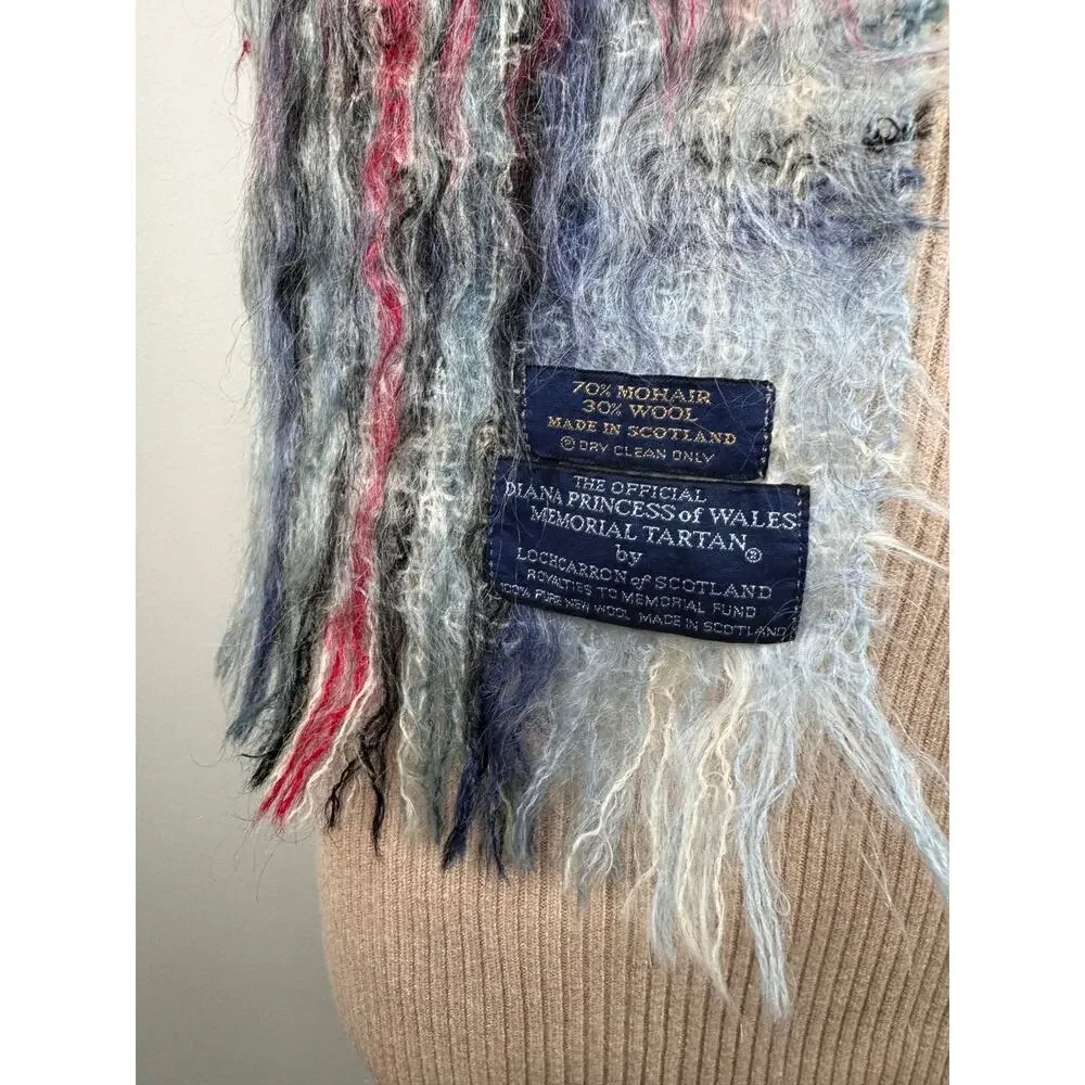 LOCHCARRON of Scotland Princess Diana Of Wales Blue Red Scarf Mohair Wool Tartan
